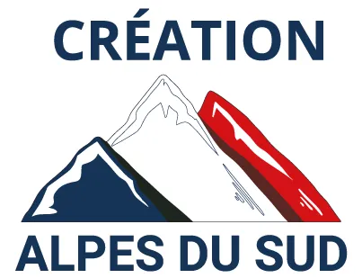 Logo de Création Alpes du Sud, représentant deux montagnes stylisées avec des couleurs bleu, blanc et rouge